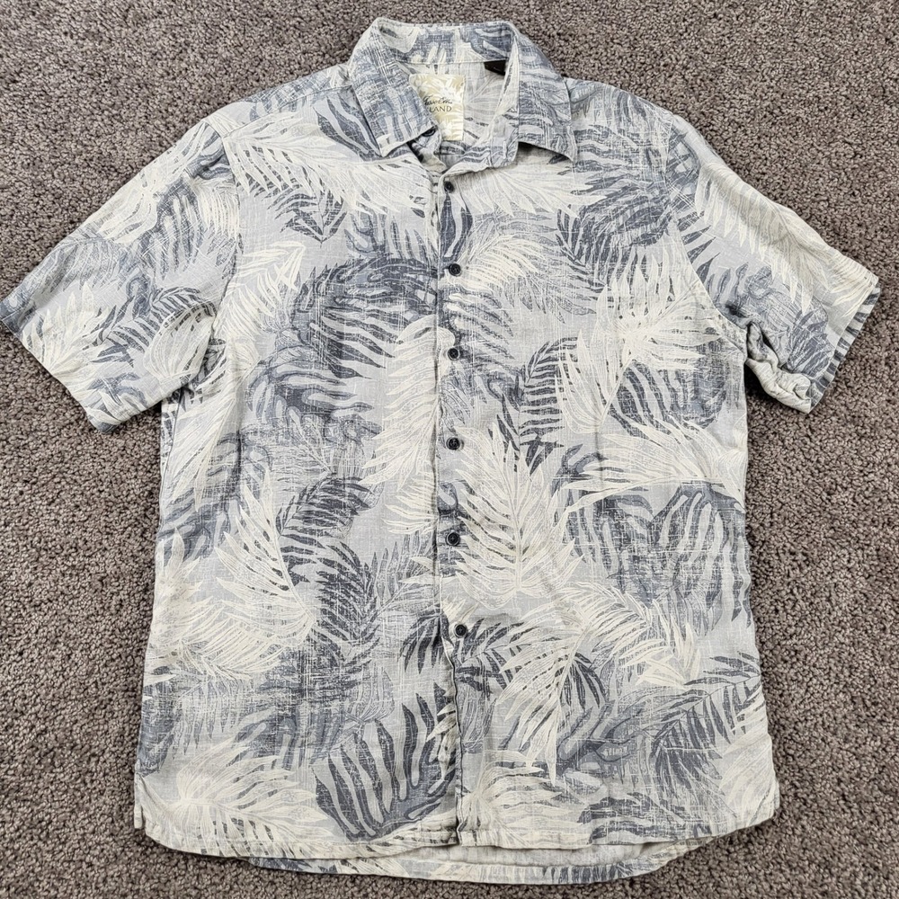 Tasso Elba Island Mens Silk Linen Tropical Leaf Shirt Grey White Medium 5524